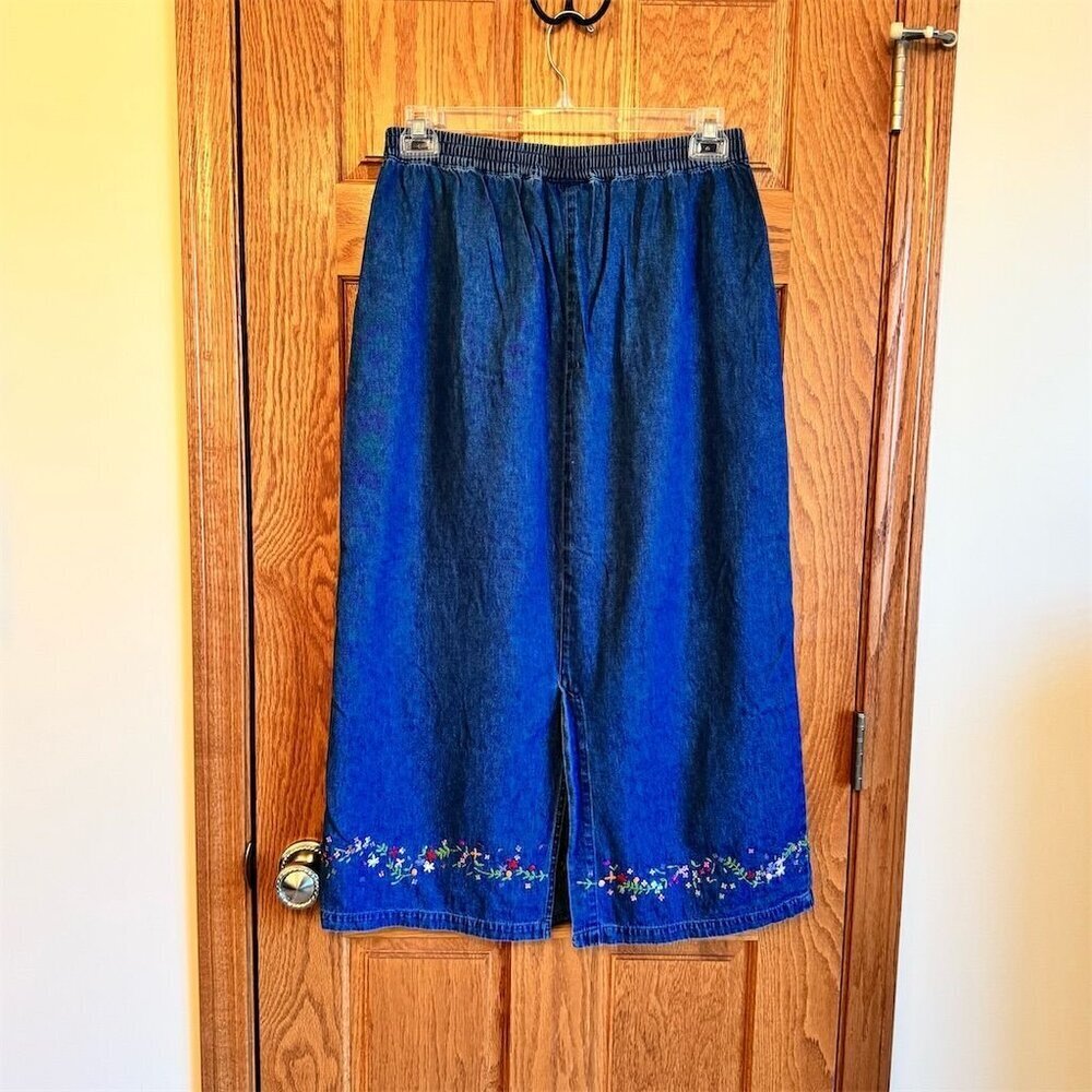 Quacker Factory Women's L Denim Maxi Skirt Floral Embroidery Vintage - Picture 2 of 7
